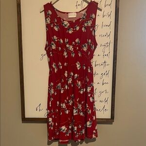 French Grey Red Floral Sleeveless Dress